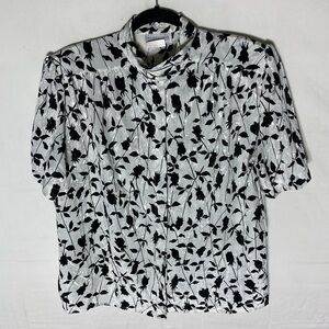 Vintage Blouseworks White Black Floral Print Short Sleeve Button Up Blouse L
